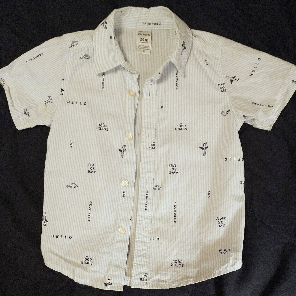 Carters Toddler Boys 24M Blue White Pinstripe Airplane Car Button Down Shirt